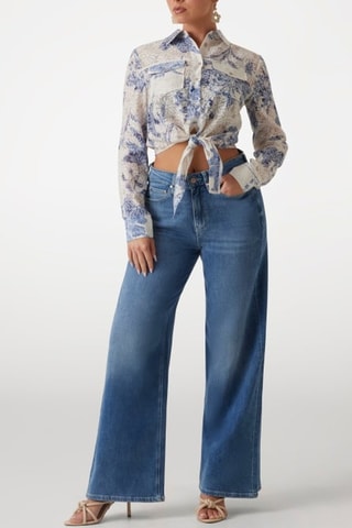 Camisa anudada Adelaide - Crudo y azul cobalto