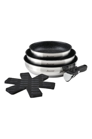 3 sartenes de acero inoxidable con revestimiento cerámico, 1 mango extraíble y 3 protectores de sartenes