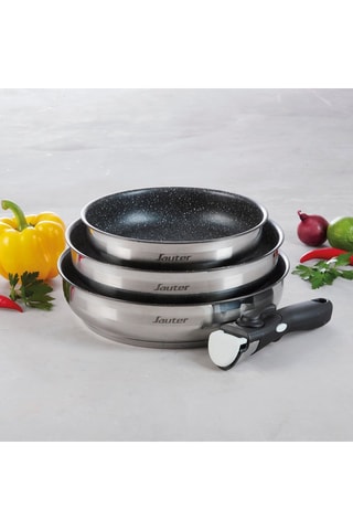 3 sartenes de acero inoxidable con revestimiento cerámico, 1 mango extraíble y 3 protectores de sartenes