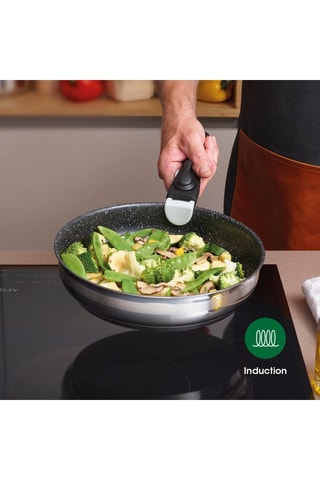 3 sartenes de acero inoxidable con revestimiento cerámico, 1 mango extraíble y 3 protectores de sartenes