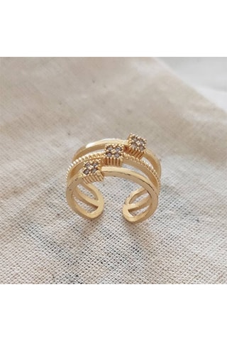 Bague 3 rangs ajustable - Laiton plaqué or & zircons