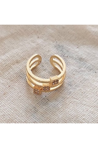 Bague 3 rangs ajustable - Laiton plaqué or & zircons