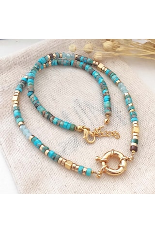 Collier de pierres & de perles turquoises - Laiton plaqué or