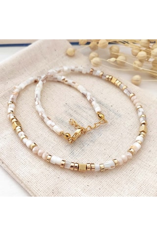 Collier de pierres & perles beige - Laiton plaqué or