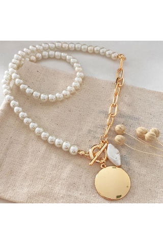 Collier - Laiton plaqué or & perles blanches