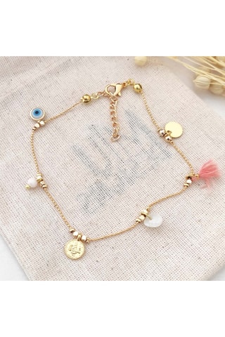 Bracelet de cheville avec perles œil & pièces de monnaie ancienne - Laiton plaqué or