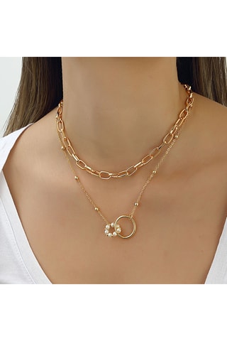 Collier double - Laiton plaqué or & perles synthétiques multicolores