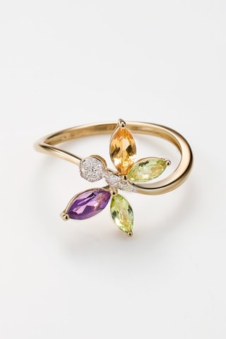 Anello Oxane - Oro giallo, diamanti, ametista, citrino e prehniti