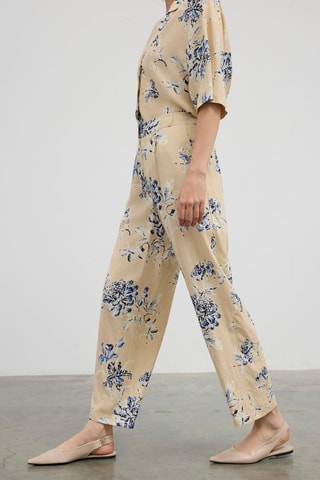 Pantalon en lin taille haute - Bleu et beige