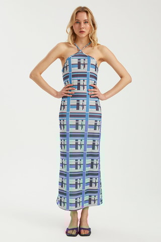 Robe longue - Noir, beige, bleu et violet