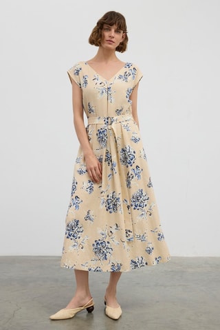 Robe midi en lin - Beige et bleu