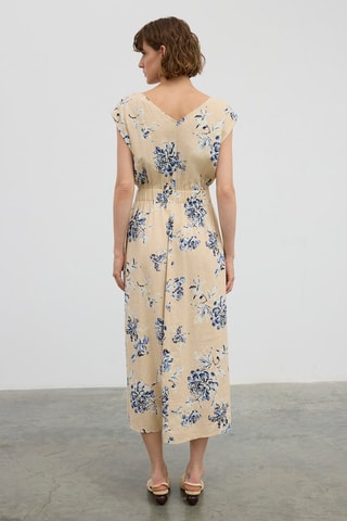 Robe midi en lin - Beige et bleu