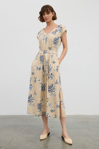 Robe midi en lin - Beige et bleu