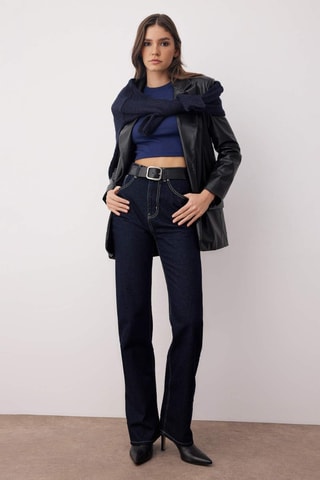 Calças de ganga direitas de cintura subida - Azul-escuro