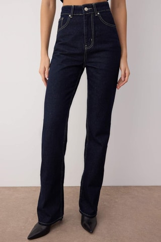 Calças de ganga direitas de cintura subida - Azul-escuro