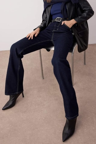 Calças de ganga direitas de cintura subida - Azul-escuro