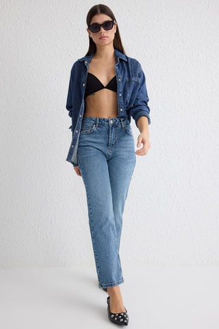 Calças de ganga direitas de cintura alta - Azul