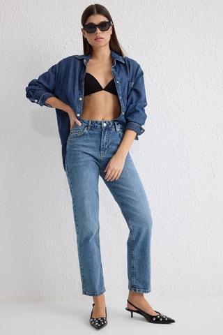 Calças de ganga direitas de cintura alta - Azul