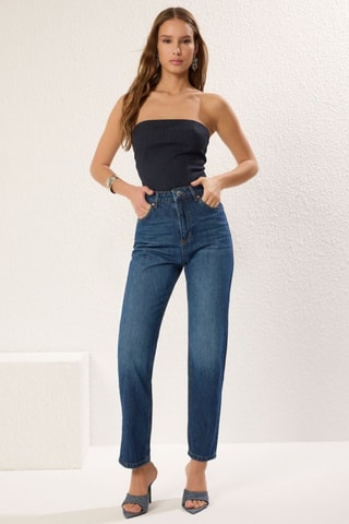 Calças de ganga straight de cintura subida - Azul-escuro