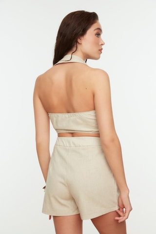 Crop top e calções de cintura em linho e lã - Bege