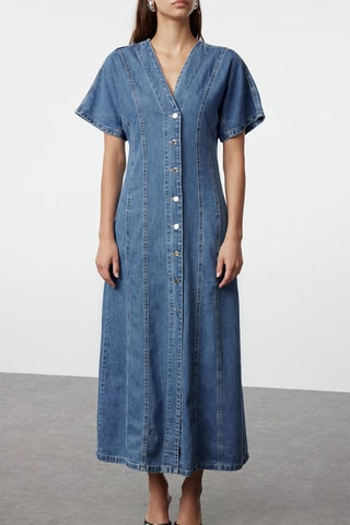 Vestido midi de ganga - Azul