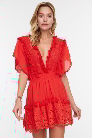 Vestido com folhos Vermelho
