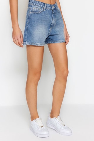 Calções de ganga de cintura subida - Azul