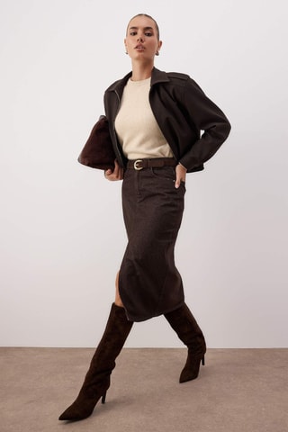 Saia midi em ganga - Castanho