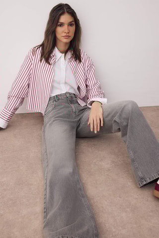 Calças de ganga wide legs cintura alta - Cinzento