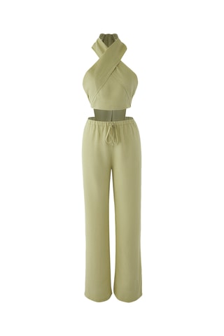 Crop top e calças de cintura alta - Caqui