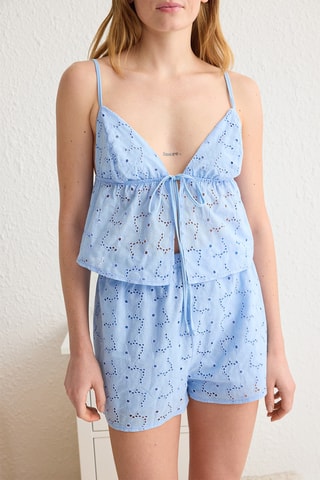 Pijama em bordado inglês - Azul-claro