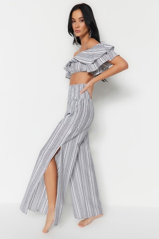 Crop top com folhos e calças de cintura subida - Cinzento