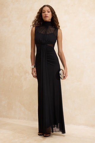 Vestido com folhos em tule - Preto