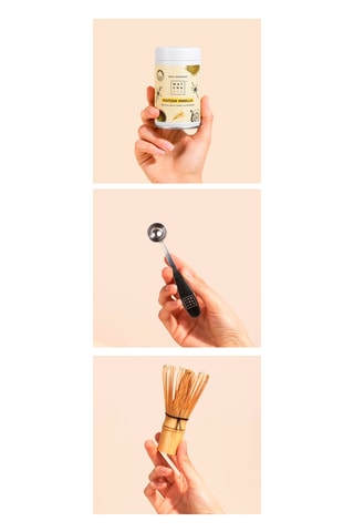 Thé Matcha Vanille, Cuillère doseuse en acier inoxydable et Fouet en bambou Chasen - 80 g