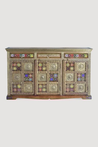 Buffet 3 portes - Naturel et doré - En acacia et céramique - 150 x 90 x 40 cm