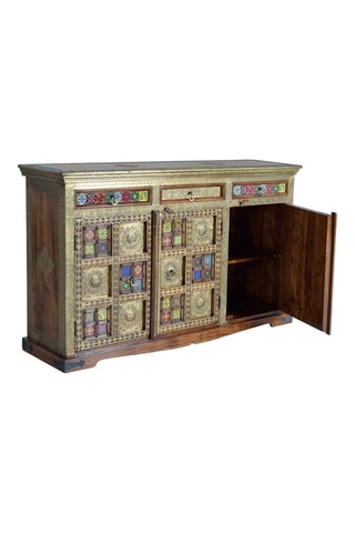 Buffet 3 portes - Naturel et doré - En acacia et céramique - 150 x 90 x 40 cm