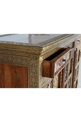 Buffet 3 portes - Naturel et doré - En acacia et céramique - 150 x 90 x 40 cm