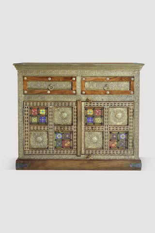 Commode 2 portes - Naturel et doré - En acacia et céramique - 105 x 90 x 40 cm