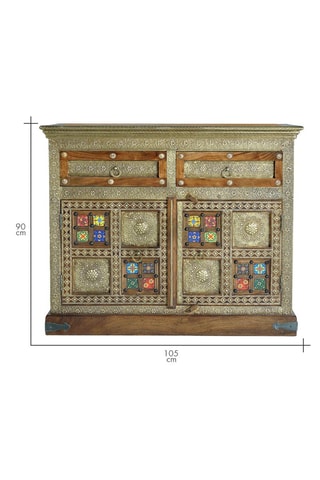 Commode 2 portes - Naturel et doré - En acacia et céramique - 105 x 90 x 40 cm