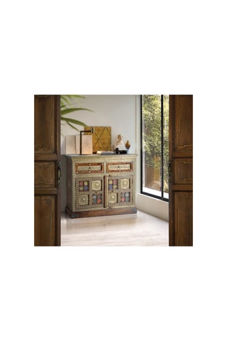 Commode 2 portes - Naturel et doré - En acacia et céramique - 105 x 90 x 40 cm