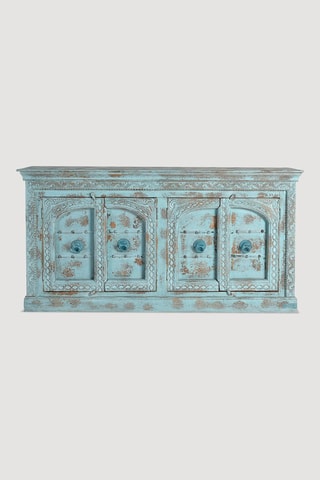 Buffet 4 portes - Bleu et naturel - En bois de manguier - 190 x 45 x 100 cm