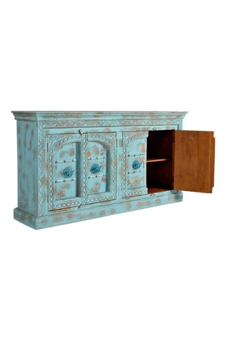 Buffet 4 portes - Bleu et naturel - En bois de manguier - 190 x 45 x 100 cm