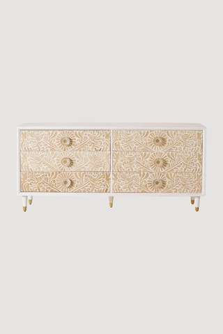 Buffet 6 tiroirs - Structure en bois de manguier - Naturel et blanc - 170 x 40 x 80 cm
