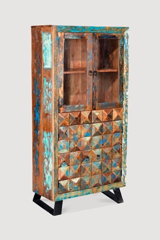 Meuble de rangement 4 portes - Naturel et bleu - Structure en bois recyclé - 90 x 180 x 40 cm