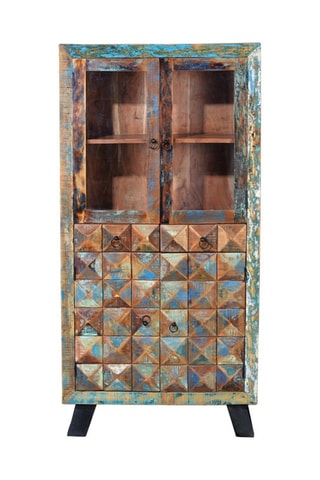Meuble de rangement 4 portes - Naturel et bleu - Structure en bois recyclé - 90 x 180 x 40 cm
