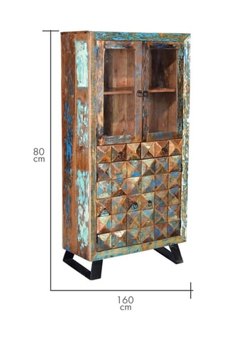 Meuble de rangement 4 portes - Naturel et bleu - Structure en bois recyclé - 90 x 180 x 40 cm