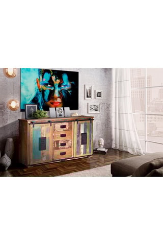 Buffet 2 portes en bois recyclé - Naturel et noir - 130 x 81 x 38 cm