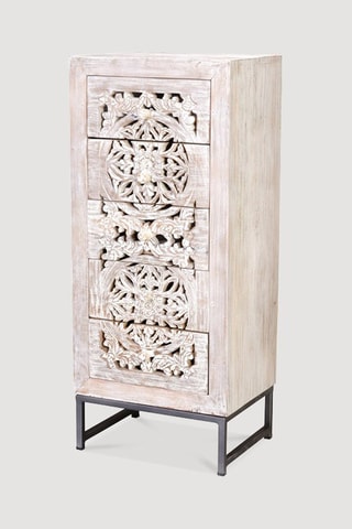 Chiffonnier 5 tiroirs en bois de manguier - Blanc vieilli - 45 x 35 x 106 cm