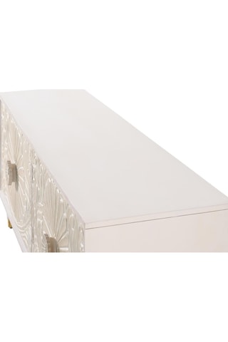 Meuble TV 4 portes - Blanc et beige - Structure en bois de manguier - 170 x 40 x 65 cm