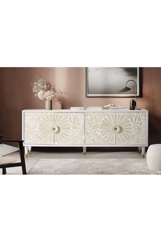 Meuble TV 4 portes - Blanc et beige - Structure en bois de manguier - 170 x 40 x 65 cm